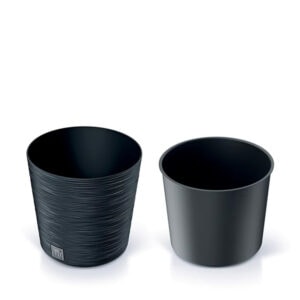 SAKR Building Materials: Prosperplast DFR250 round flowerpot, durable plastic, black color.