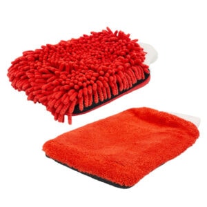 Microfiber cleaning mitts with plush and chenille textures for effective dust and dirt removal.