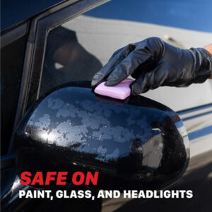 Safe on car mirror cleaning with sponge for paint, glass, and headlights.