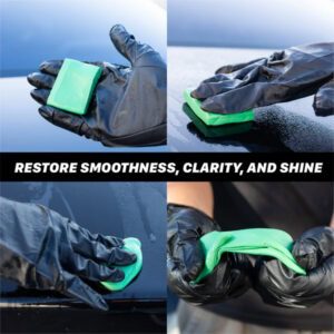 Car surface polishing with green sponge and gloves.
