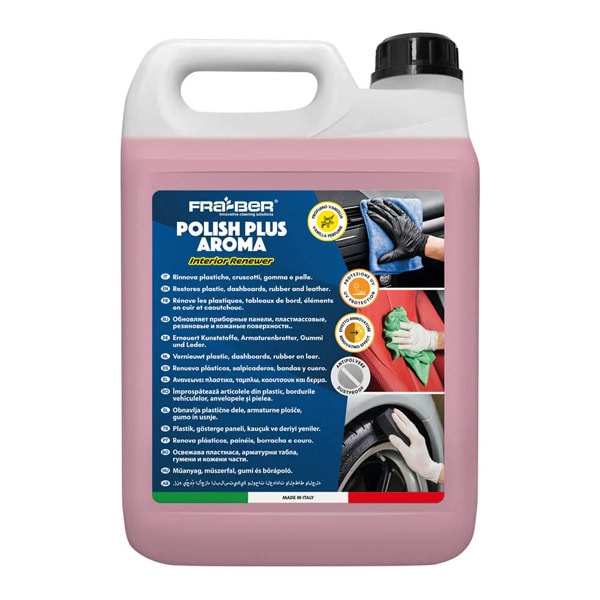 Polish Plus Aromo interior cleaner for plastics, dashboards, and rubber surfaces.