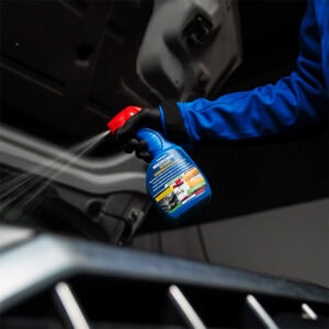 Hand spraying cleaning solution inside a car for interior maintenance.