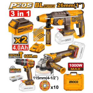 INGCO COSLI241198 20V Cordless 3-Piece Brushless Combo Kit with 2 x 4.0Ah Batteries