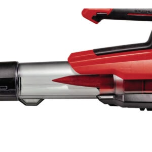Close-up of a red and black cordless power drill with a silver drill bit.