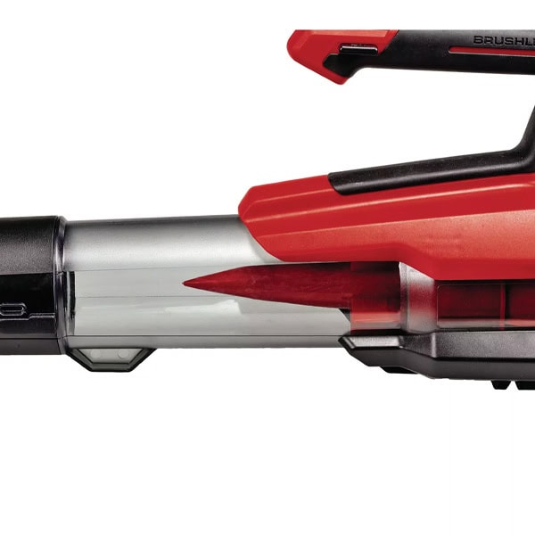 Close-up of a red and black cordless power drill with a silver drill bit.