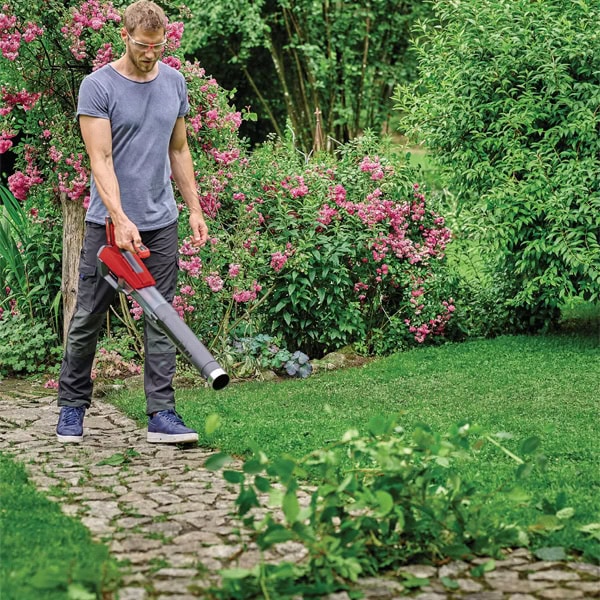 A man using a leaf blower to clear leaves and debris from a garden pathway surrounded by lush greene.
