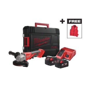 Power tool set including Milwaukee angle grinder, batteries, charger, and a free safety vest.