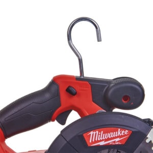 Milwaukee cordless circular saw with hook for construction and DIY projects.