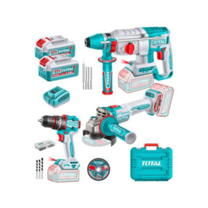 TOTAL TCKLI202598 20V Brushless Industrial Combo Kit – Hammer Drill, Angle Grinder & Rotary Hammer with 2 × 4.0Ah Batteries
